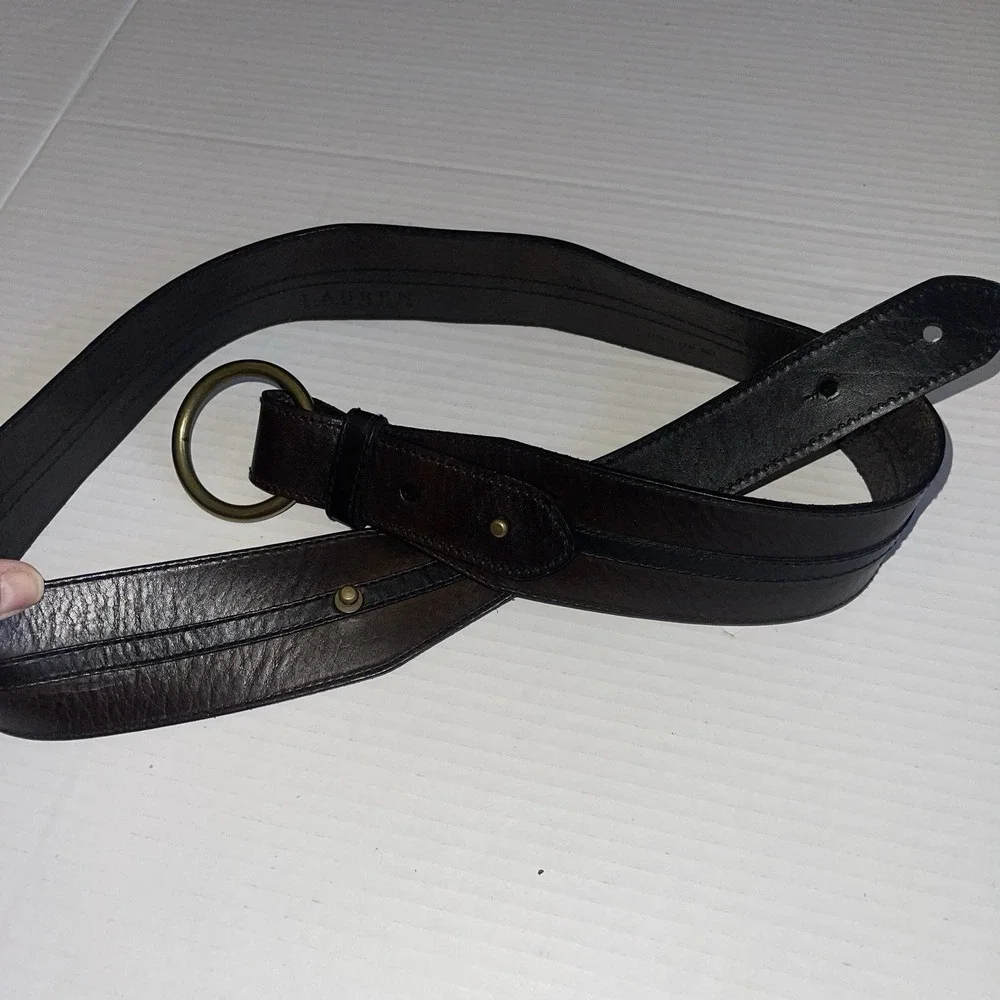 VTG  Ralph Lauren O Ring Leather Belt Women's  Brown Black Brass 9101446-0